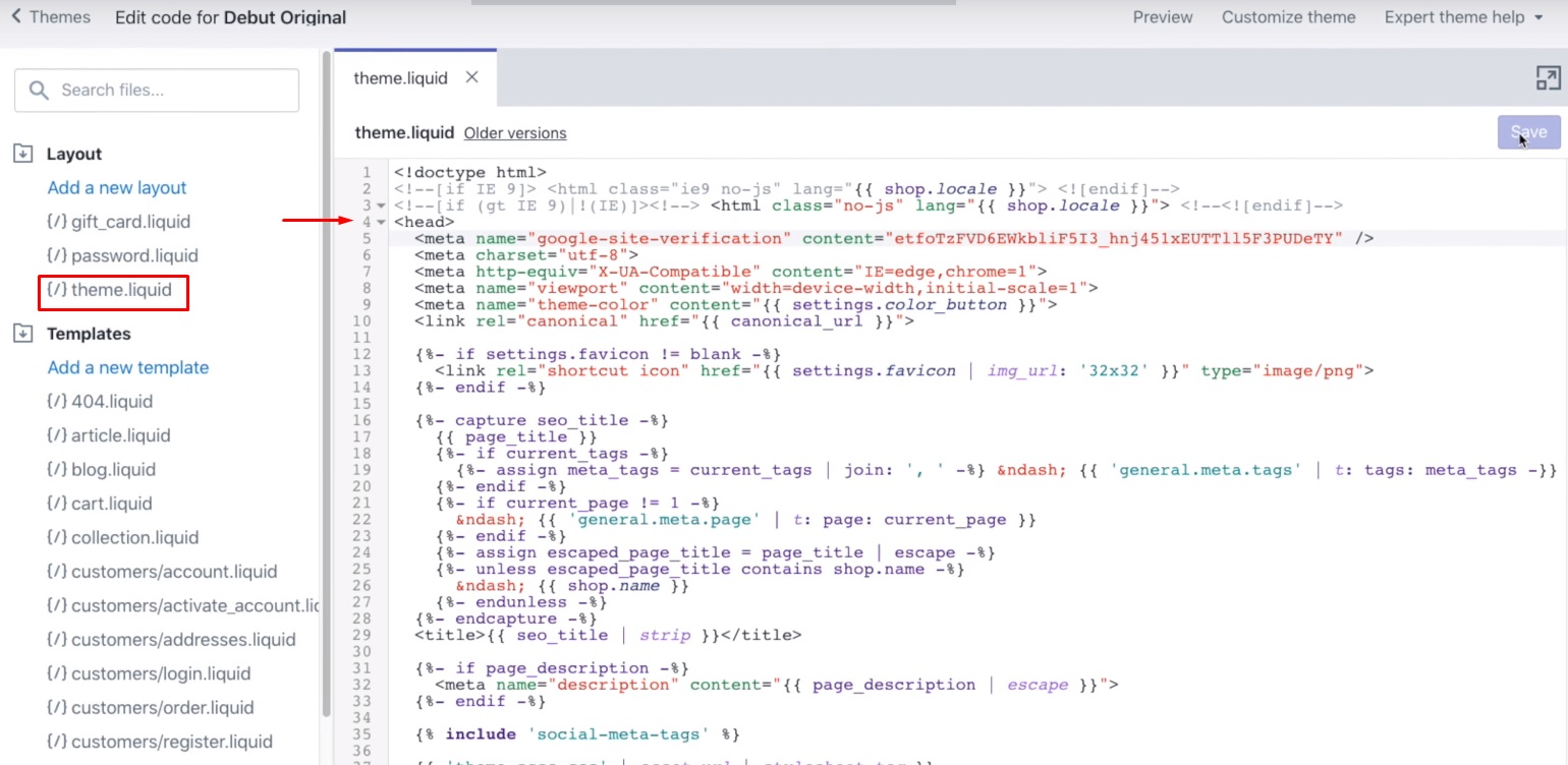 Add the Google meta tag to the Shopify theme code.