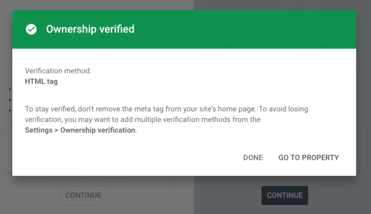 A successful verification popup