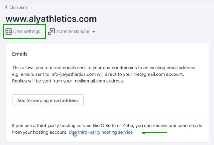 DNS and third-party email settings in Shopify