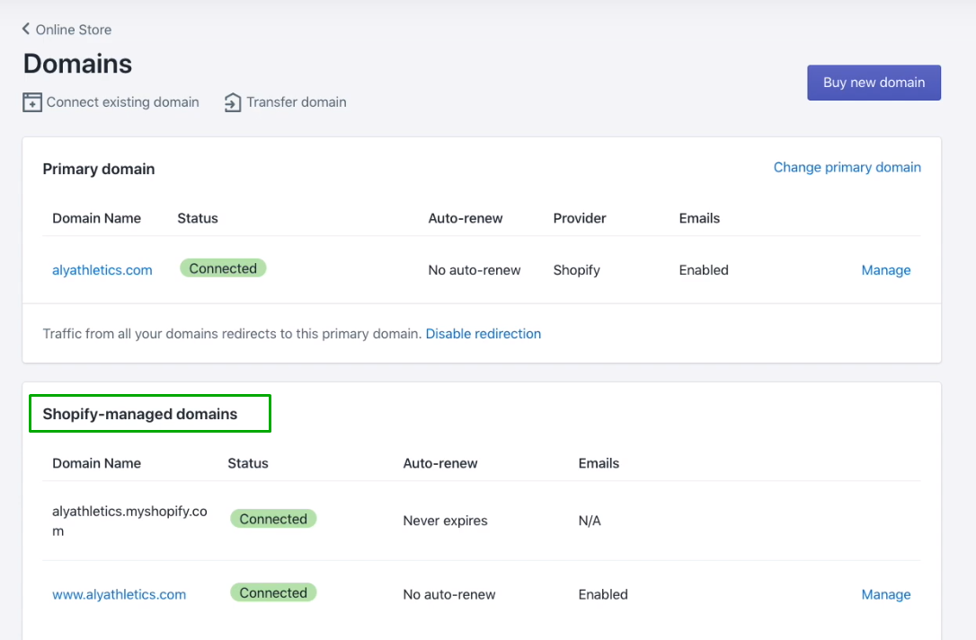 Shopify-managed domains settings