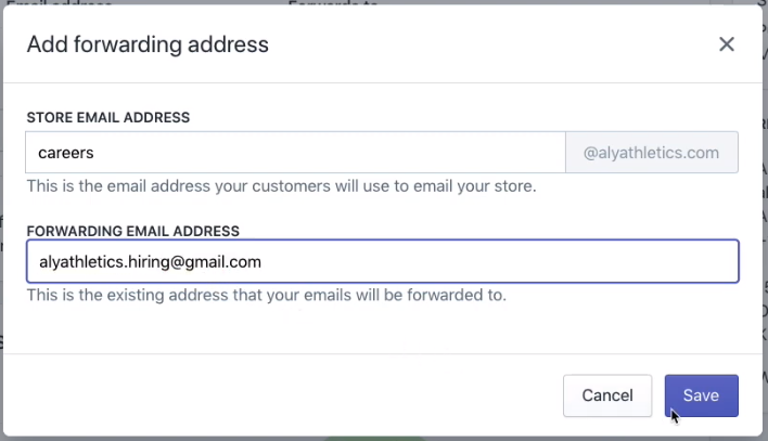 Configuring the forwarding address in Shopify