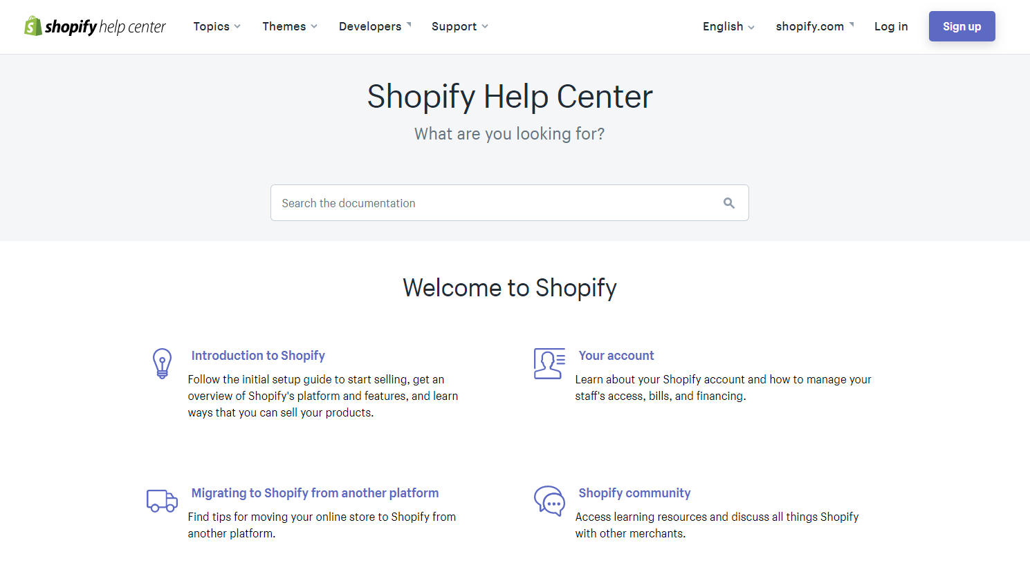 The Shopify Help center page.